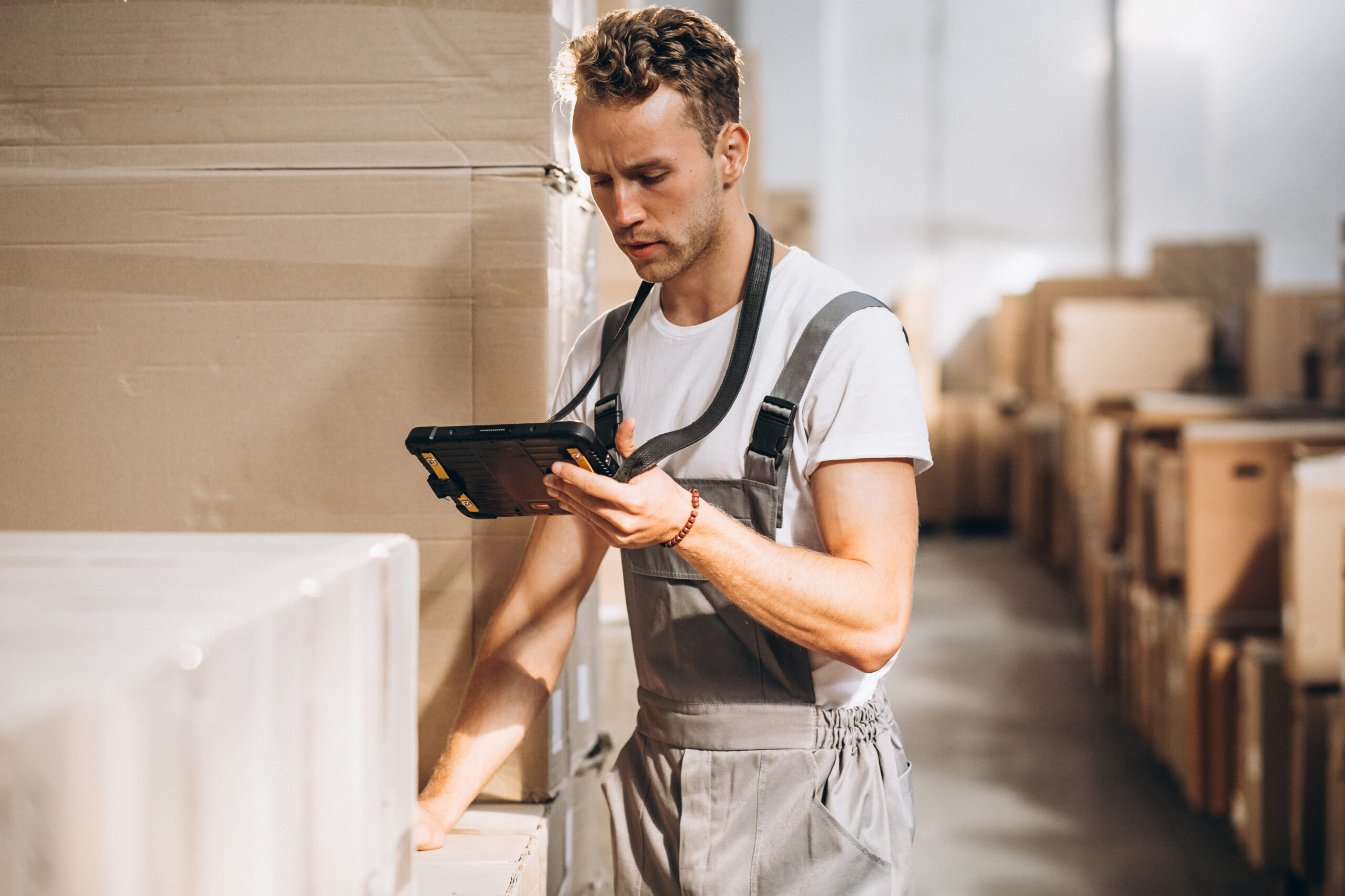 young man working warehouse with boxes scaled