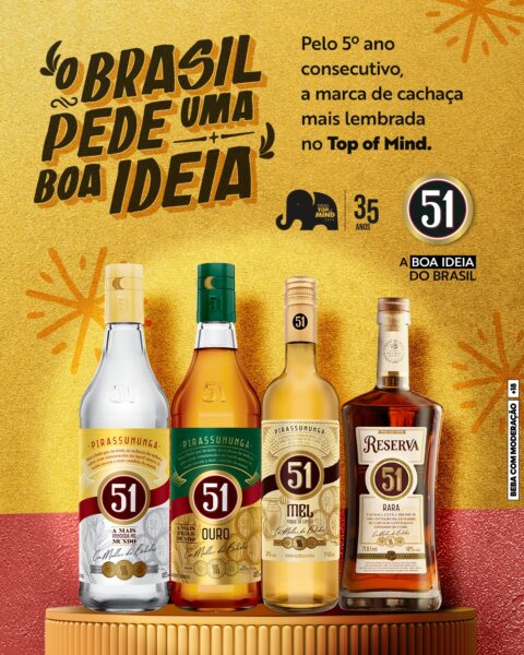 Cachaça 51 é eleita a marca mais lembrada do Brasil pelo quinto ano consecutivo