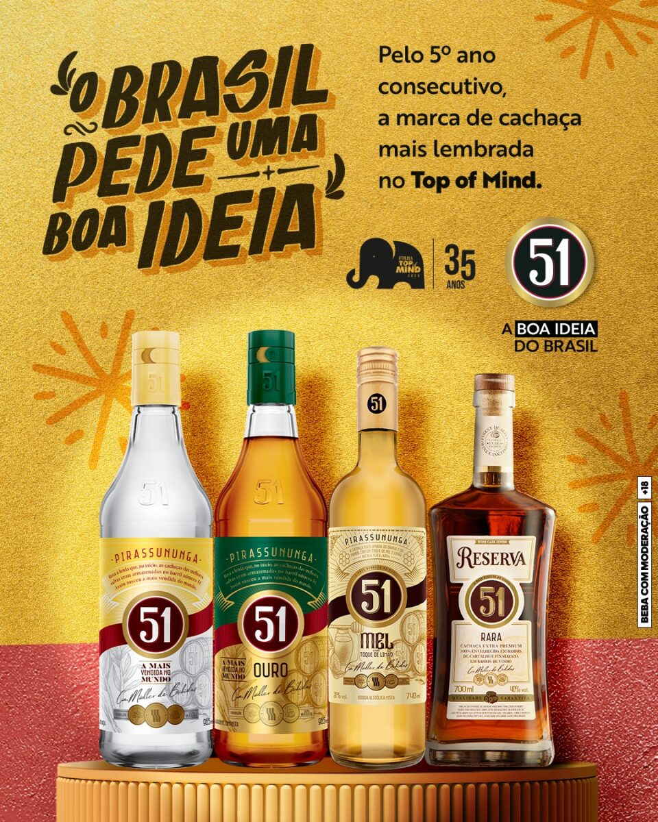 Cachaça 51 é eleita a marca mais lembrada do Brasil pelo quinto ano consecutivo